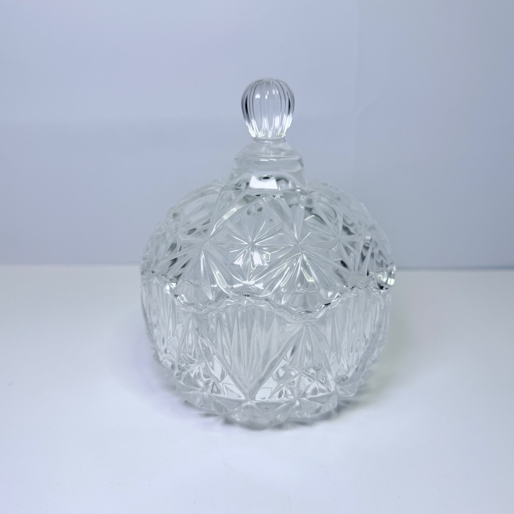 Vintage Clear Pressed Glass Covered Candy Dish Starburst Diamond Pattern Lid